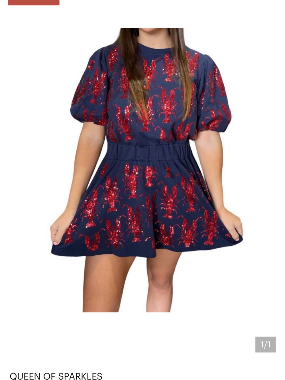 QUEEN OF SPARKLES Navy Dress with Red Sequin crawfish 🦞 Motif